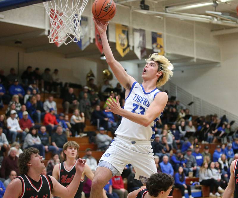Princeton's Noah Laporte scores on a drive to the hoop against Hall on Friday, Jan. 26, 2024 at Princeton High School.