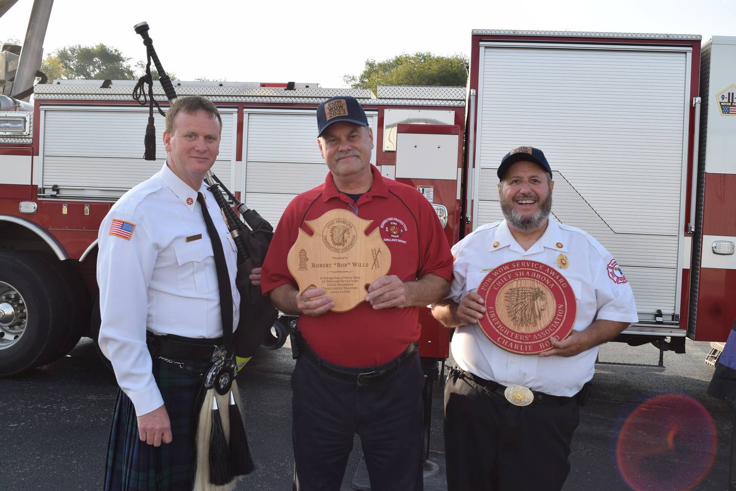 Morris Fire Department retired Deputy Chief Bob Wills (center) was honored at this year’s Chief Shabbona Firefighters’ Association Pow Wow 2023 training academy. Wills is seen with Morris Assistant Chief Dave Wiechen (left) and fire school chairman Charlie Boyd.