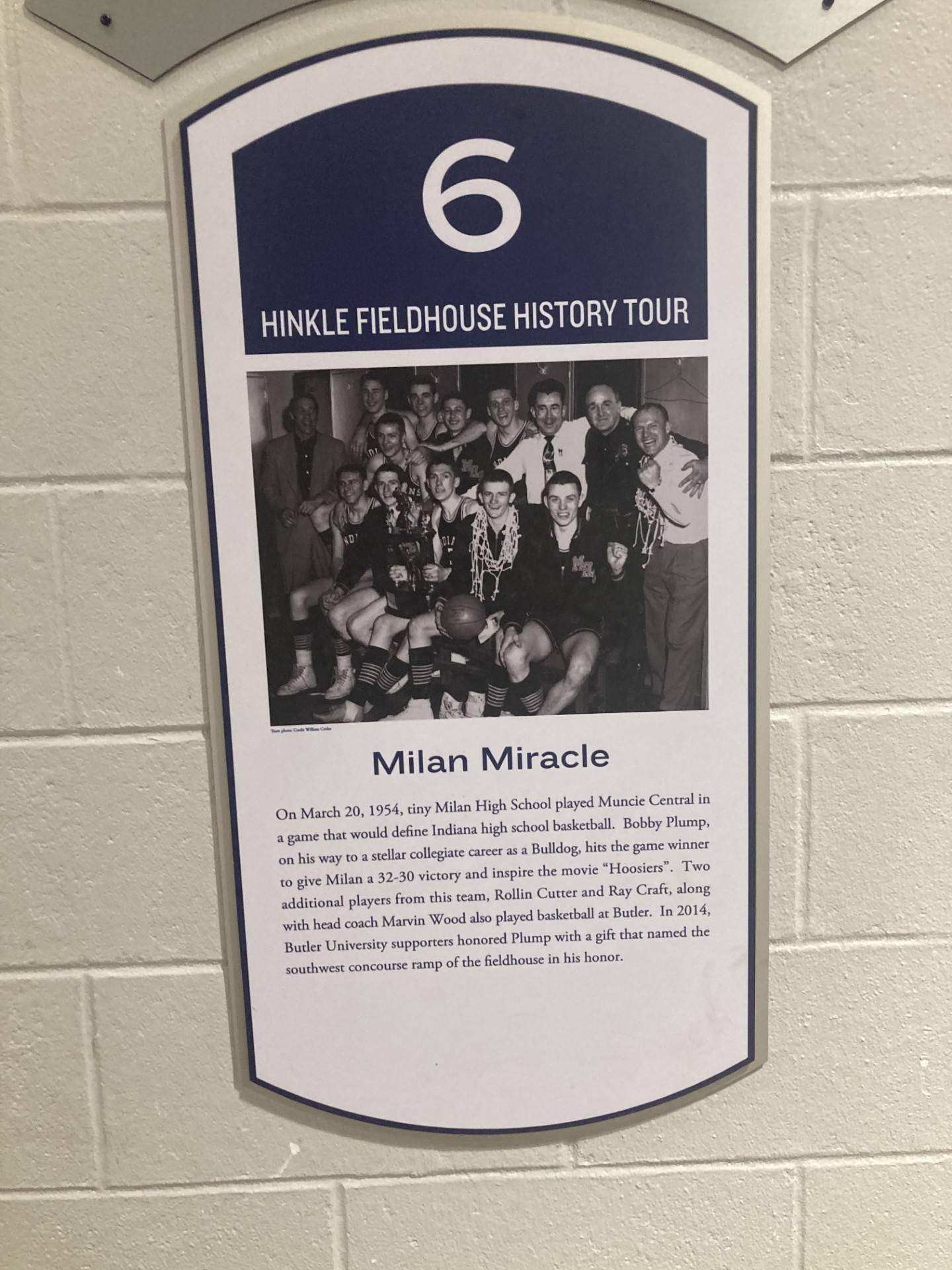 The famous Milan Miracle of 1954 is memorialized in the Hinkle Fieldhouse corridor.