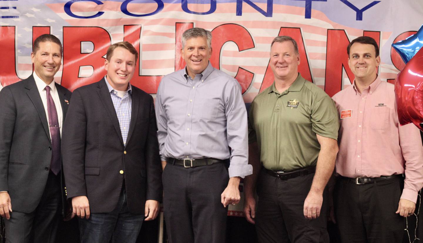 The Lee County Republicans and Sauk Valley Freedom Fighters conducted a rally for party candidates on Wednesday at the Dixon VFW. Those in attendance during the first part of the rally were, from left, organizer Brett Nicklaus; 74th District state representative candidate Bradley J. Fritts; U.S. Rep. Darin LaHood who is seeking a seat in the newly configured 16th District; Clay Whelan, candidate for Lee County sheriff and Peter McClanathan, candidate for a vacancy for the 15th judicial circuit. Other speakers scheduled to appear were state constitutional officer candidates Dan Brady for secretary of state, Shannon Teresi for comptroller and Tom Demmer for treasurer.