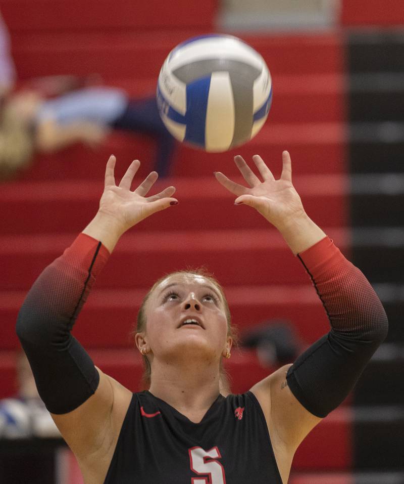 Sauk Valley’s Denali Stonitsch sets the ball against Kishwaukee Wednesday, Oct. 29, 2025.
