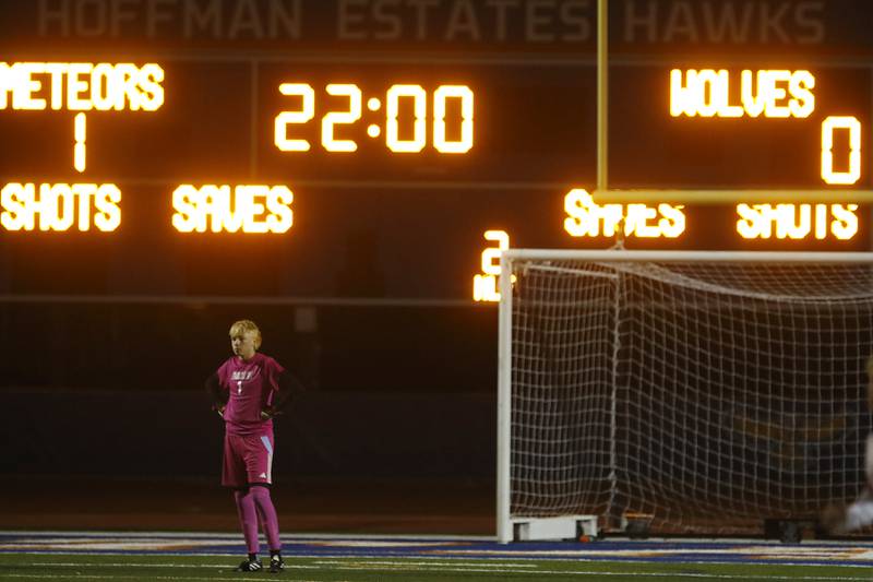 Prairie Ridge's Christopher Zinevich gathers himself after a Chicago De La Salled goal uring an IHSA Class 2A state semifinal soccer match on Friday, Nov. 8, 2024, at Hoffman Estates High School.