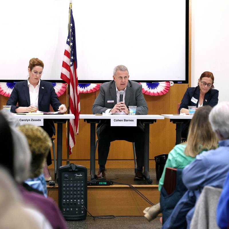 Democratic candidates, Carolyn Zasada, (left) Cohen Barnes and Amy Murri Briel, (right) all vying for the nomination for the 76th district seat in the Illinois House of Representatives, answered questions Saturday, Feb. 3, 2024, in a meet the candidates forum at the DeKalb Public Library. The forum was organized by DeKalb Stands and co-sponsored by the DeKalb County Democrats.