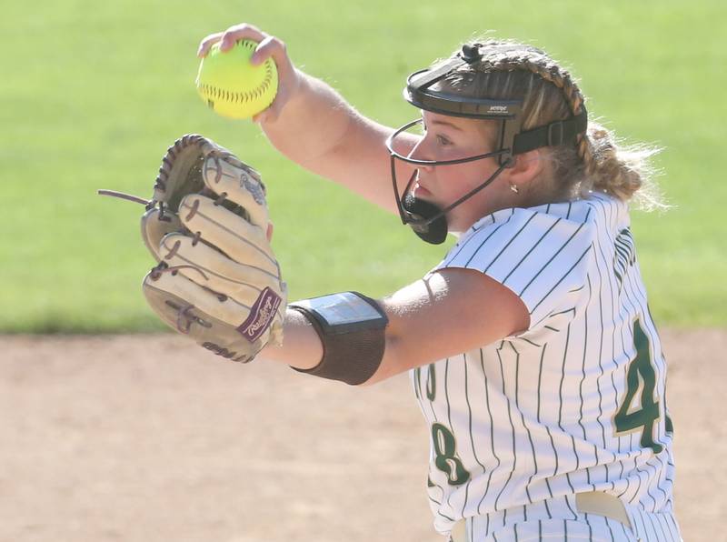 St. Bede pitcher Reagan Stoudt lets go of a pitch to Seneca on Tuesday, May 7, 2024 at St. Bede Academy.
