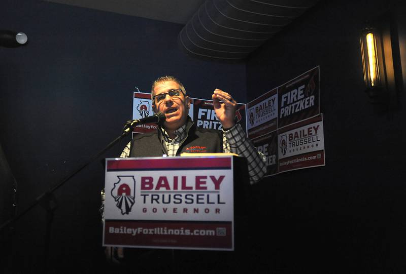Darren Bailey, a Republican candidate for Illinois governor, speaks Thursday, March 3, 2022, during a stop at the Little Chef Restaurant in McHenry. Bailey, who is one of several Republicans expected to run for a governor, spoke to a room full of people during the first of four scheduled campaign stops Thursday.