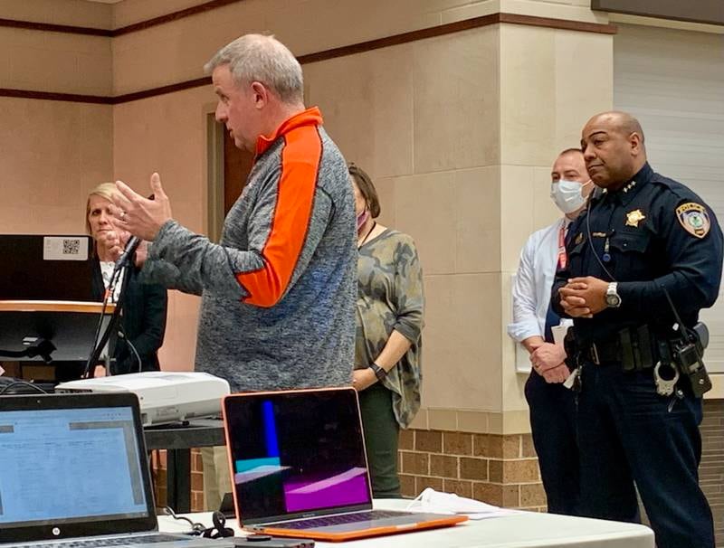 DeKalb Mayor Cohen Barnes answers questions during DeKalb School District 428's Board of Education meeting on Tuesday, May 3, 2022. During the meeting, the school board voted to approve two school resource officers with the option of a third if needed for the 2022-2023 school year.