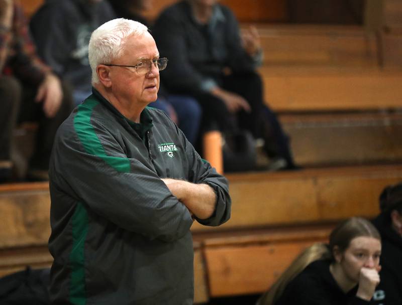 Alden-Hebron Head Coach Martin Hammond watches as his team plays Woodlands Academy during a nononference girls basketball game on Thursday, Jan. 29, 2026, at Alden-Hebron High School in Hebron.