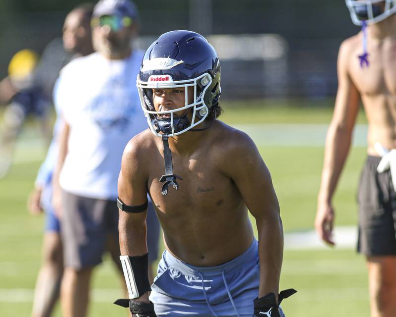 Johnny Colon lines up on defense at Nazareth Academy Football Practice, Monday, Aug 11, 2025  in La Grange.
