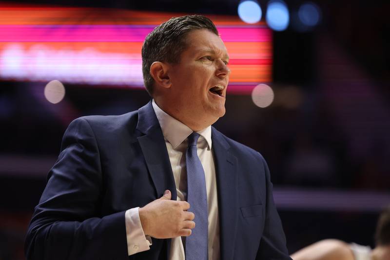 Yorkville Christian head coach Aaron Sovern calls out a play to his players during the game against Liberty in the Class 1A championship game at State Farm Center in Champaign. Friday, Mar. 11, 2022, in Champaign.