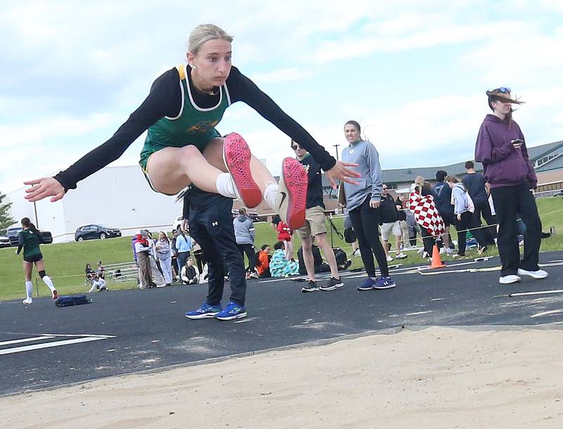 Coal City's Ella Wills competes in the long jump during the Class 2A Sectional track meet on Wednesday, May 13, 2026 in the Jeff Prusator Athletic Complex at Mendota High School.