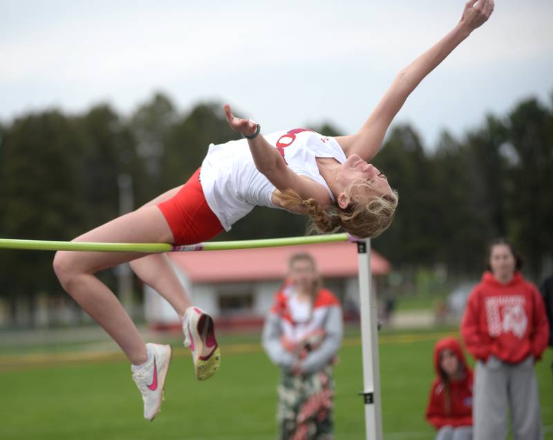 Oregon's Slylar Bishop competes in the high jump at the Landers-Loomis Invitational track meet on Friday, April 25, 2025 held at Oregon High School. She won the event clearing 1,57 meters.