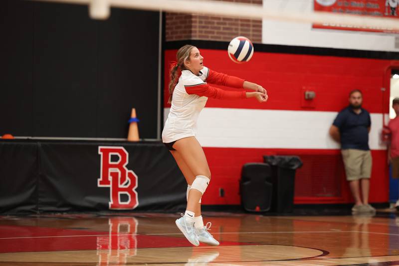 Bradley-Bourbonnais' Morgan Curtis volleys a Manteno hit during the Panthers' victory in three sets, 25-21, 23-25, 25-17, over the Boilermakers on Monday, Sept. 15, 2025.