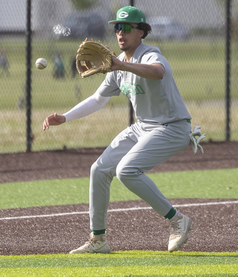 Geneseo’s Jaydon Burrage plays a ball at third against Sterling Wednesday, May 6, 2026.