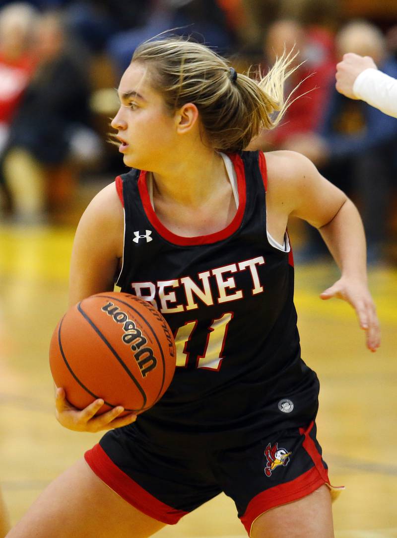 Benet's Sadie Sterbenz (11) looks for an outlet during the girls varsity basketball game between Benet Academy and Lyons Township on Wednesday, Nov. 30, 2022 in LaGrange, IL.