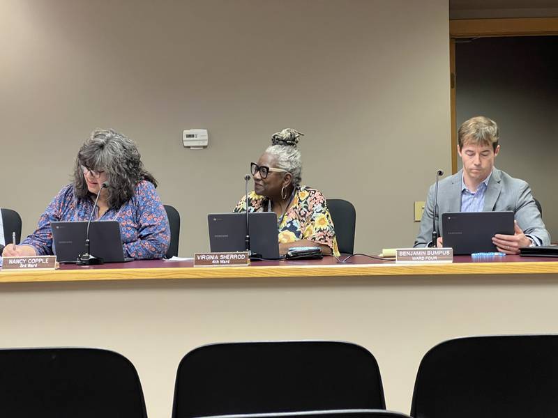Third Ward Sycamore Alderperson Nancy Copple sits alongside 4th Ward Alderpersons Virginia Sherod and Ben Bumpus during the Oct. 21, 2024, Sycamore City Council meeting, in which a new design for the second phase of Old Mill Park was approved by city officials.