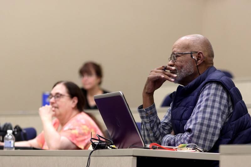 Jerry Johnson of Cary listens during a meeting of the McHenry County Illinois Genealogical Society on Thursday, March, 9, at McHenry County College. Thursday was the group’s first in-person meeting since before the pandemic.