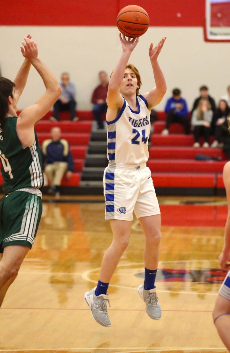 Princeton's Jimmy Starkey shoots against St. Bede Saturday night in the Colmone Classic.