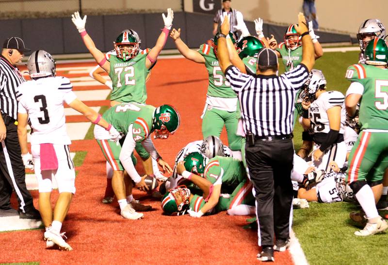 L-P quarterback Marion Persich scores a touchdown to push L-P ahead of Kaneland late in the 4th quarter on Friday, Oct. 17, 2025 at Howard Fellows Stadium.