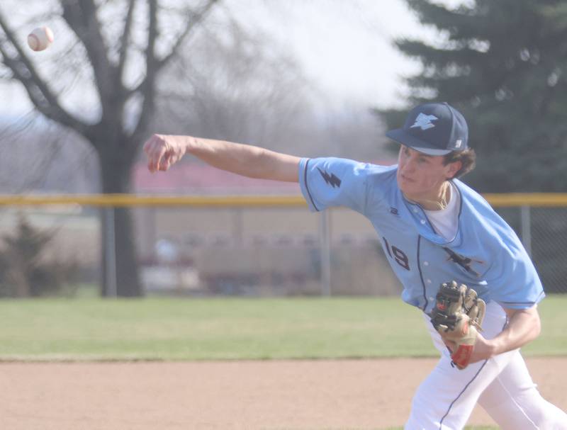 Bureau Valley's Logan Philhower lets go of a pitch to Newman on Monday, March 30, 2026 at Bureau Valley High School.
