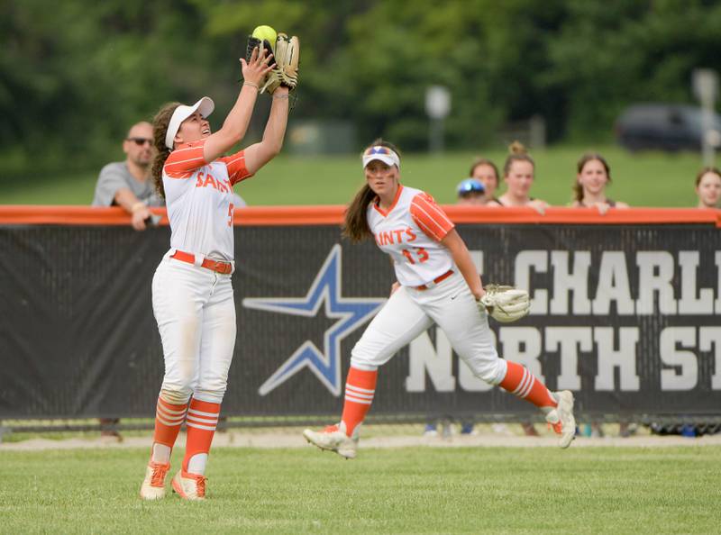St. Charles East's Nikki Johnston make the catch for the final out in the seventh inning against Glenbard North during the Class 4A St. Charles East Sectional semifinal on Tuesday, May 31, 2022.