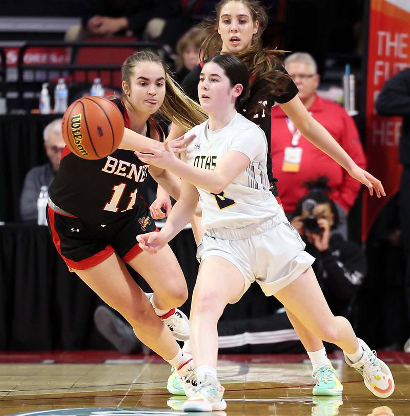 Benet Academy's Sadie Sterbenz (11) during the IHSA Class 4A girls O'Fallon's Josie Christopher (2) basketball championship game at the CEFCU Arena on the campus of Illinois State University Saturday March 4, 2023 in Normal.