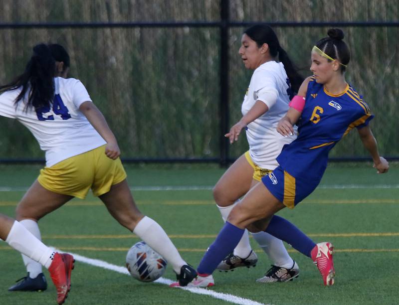 Johnsburg's Liz Smith takes a shot at the goal during an IHSA Class 1A Cristo Rey St. Martin Sectional semifinal girls soccer match against Cristo Rey St. Martin on Tuesday, May 26, 2026 at Cristo Rey St. Martin College Prep, in Waukegan.