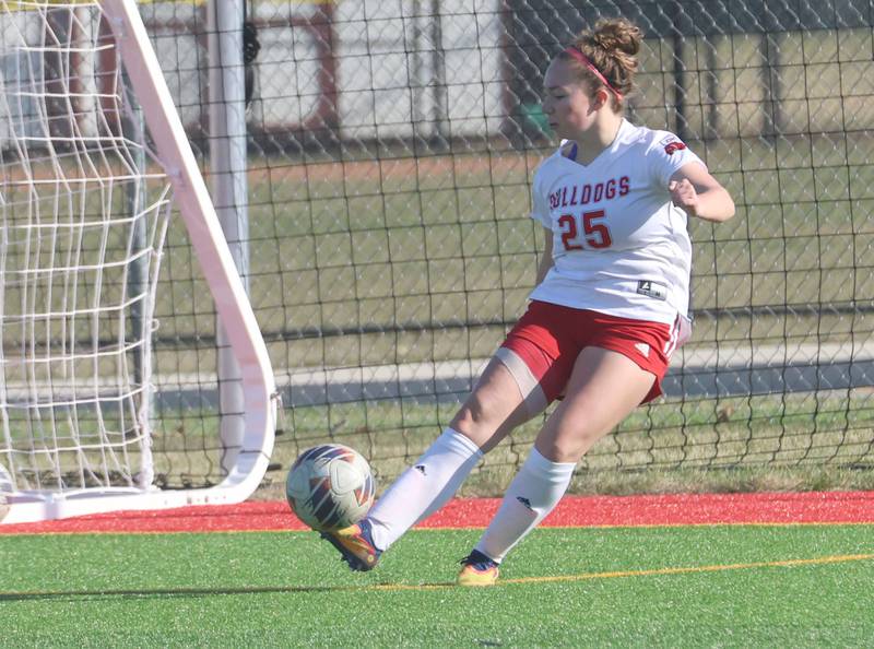 L-P's Kendal Bassett hi-fives teammate Vickie Tejada after scoring a goal against Streator on Friday, March 27, 2026 at the L-P athletic complex in La Salle.