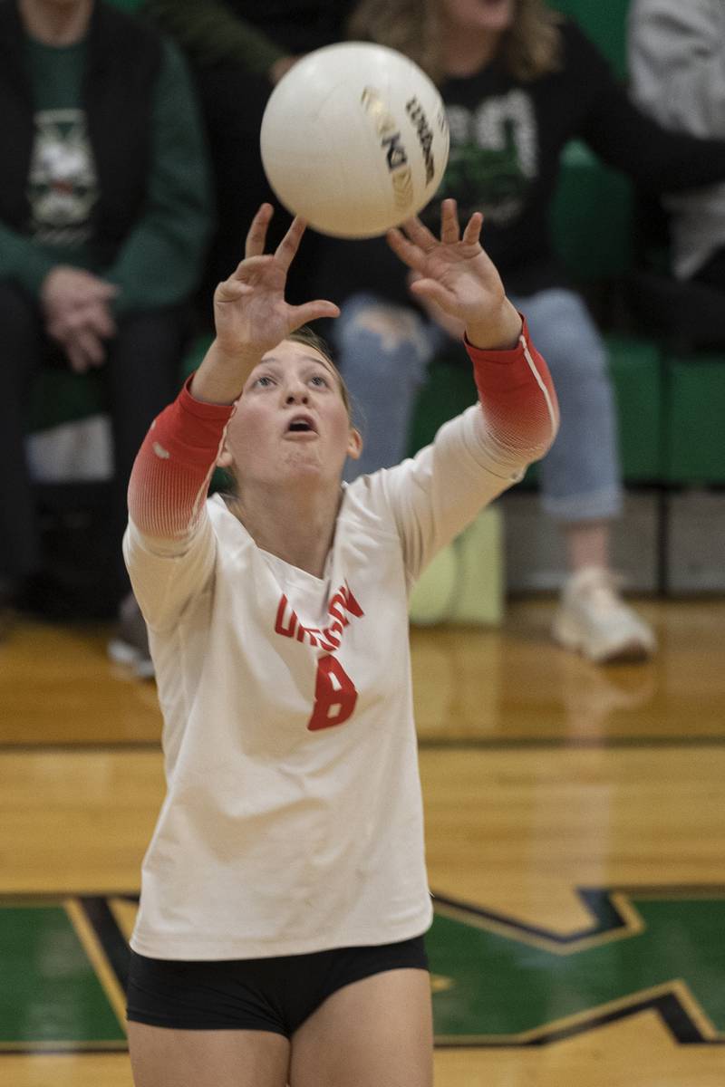 Oregon’s Addi Rufer sets the ball against Rock Falls Wednesday, Oct. 22, 2025.