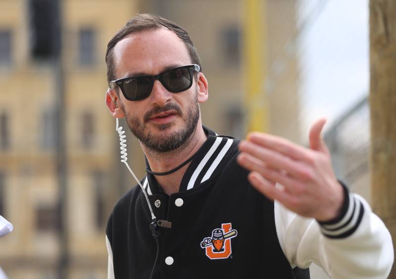 Night Train Veeck, co-owner of the Joliet Slammers, talks with the media before the Joliet Slammers preseason game at the Old Joliet Prison on Thursday, April 29, 2026 in Joliet.