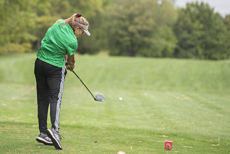 Rock Falls' Megan Fiorini tees off on #4 during the girls class A sectionals Monday, Oct. 4, 2021 at Kewanee Dunes.