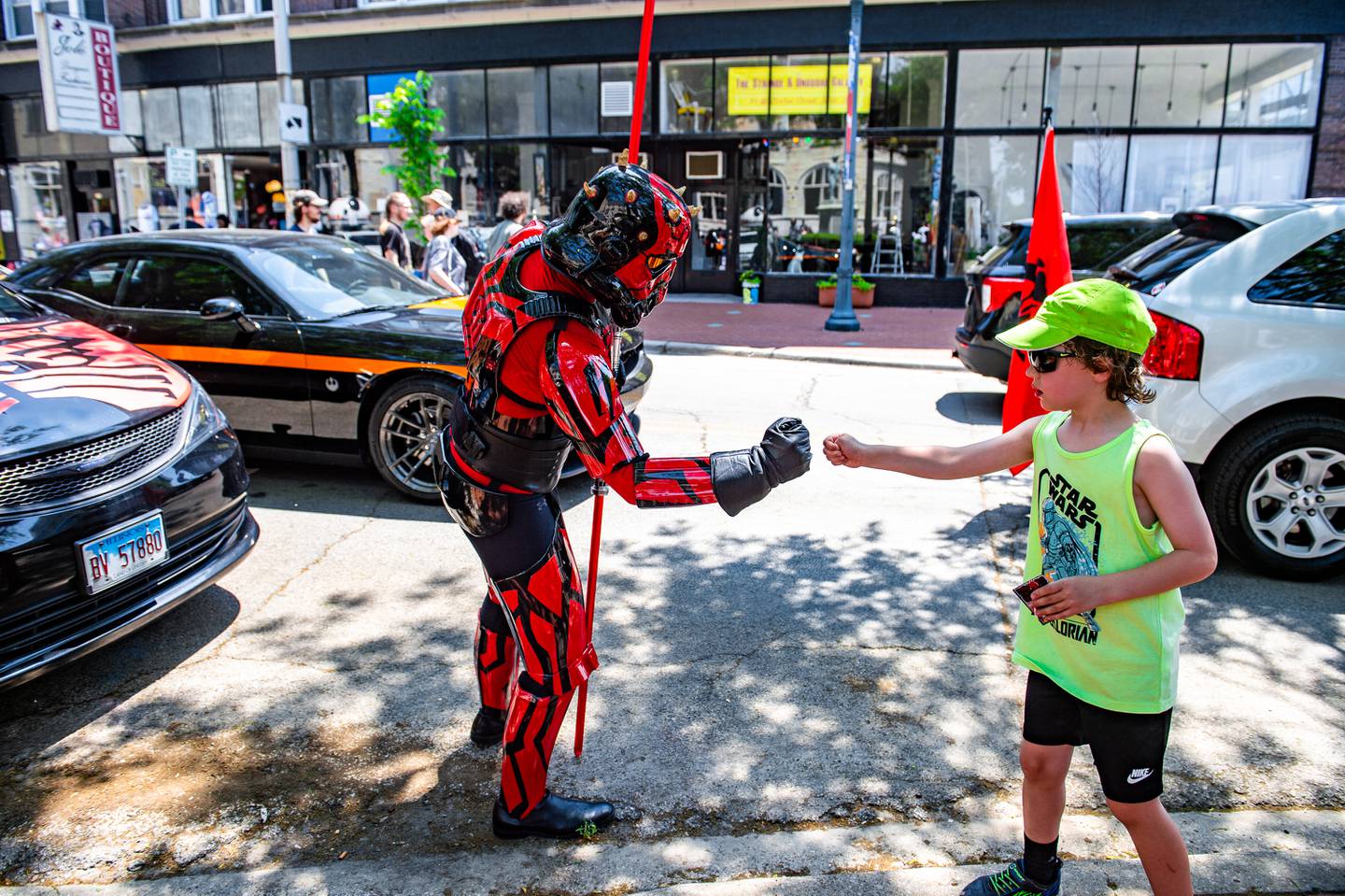Anthony Dore Fistbumps the Maul Trooper During Star Wars Day on Saturday, June 3, 2023 in Joliet.
