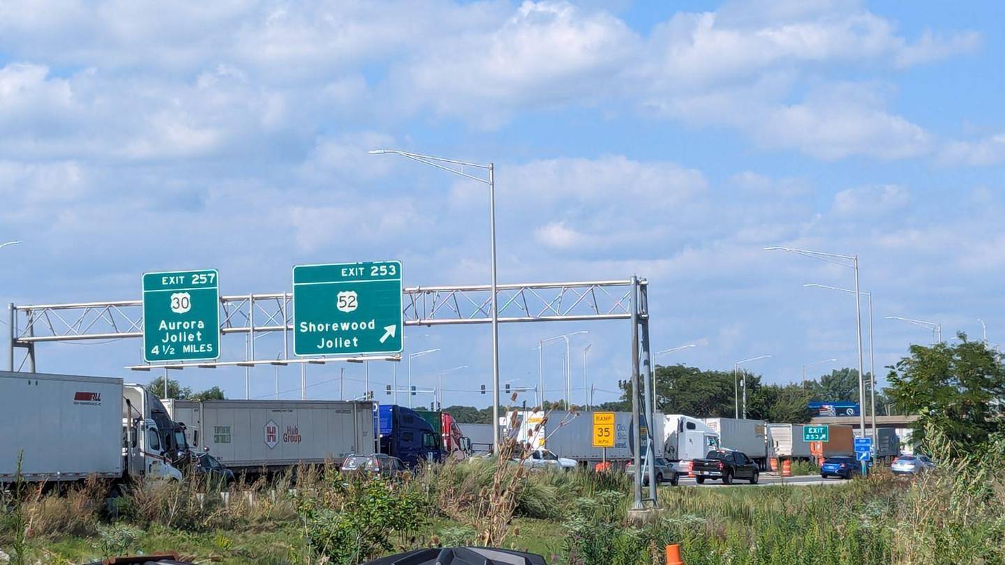 Traffic is backed up along Interstate 55 west of Joliet in Shorewood as lanes were blocked off following debris falling from the I-55 bridge on Monday, Aug. 19. 2024.