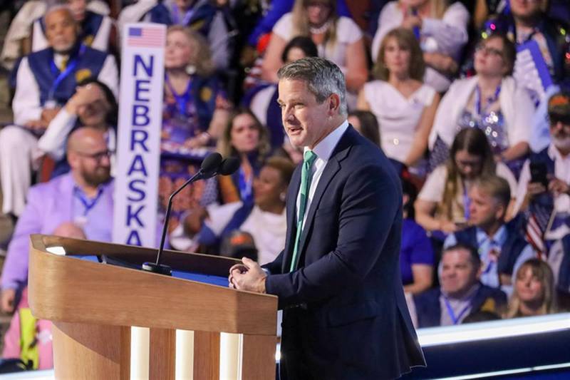 Former U.S. Rep Adam Kinzinger addresses the Democratic National Convention. The vocal critic of Donald Trump has been a leading member of “Republicans for Harris.”