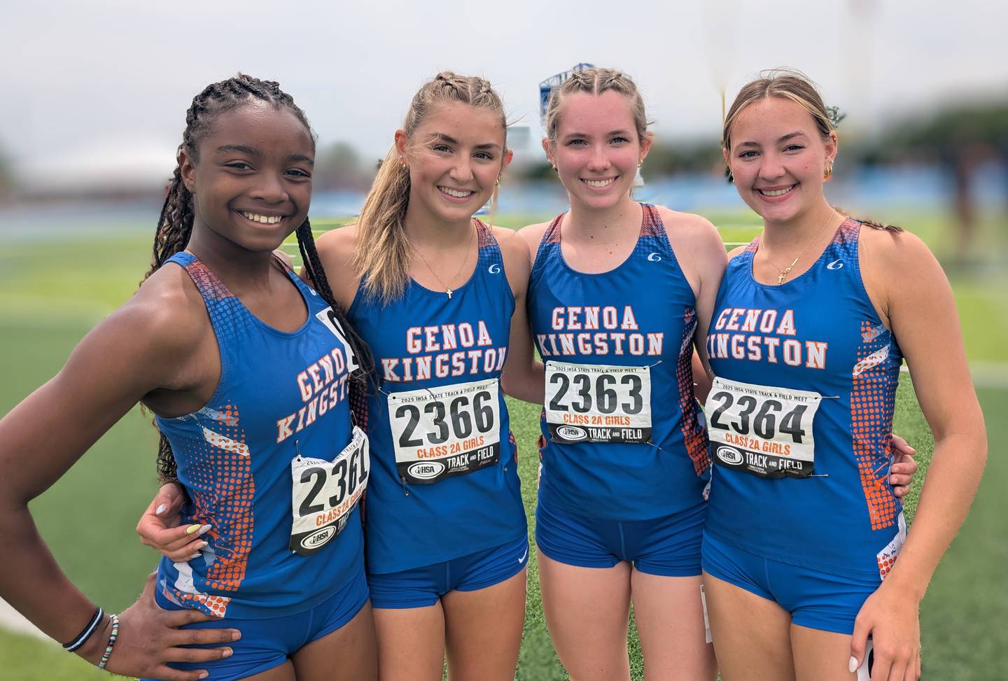 Genoa-Kingston's 4x100 relay members (from left) Natasha Bianchi, Presley Meyer, Jessie Fredrickson and Ava Hardy pose for a picture after finishing seventh in Class 2A during the IHSA Girls Track and Field State Meet on Saturday, May 24, 2025, in Charleston.