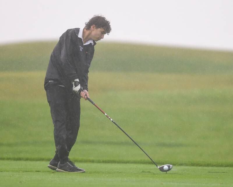 Hinsdale South’s golfer Dominick Rallo tee’s off during the West Suburban golf match on Tuesday Sept. 24, 2024, held at Prairie Bluff Golf Course in Crest Hill.