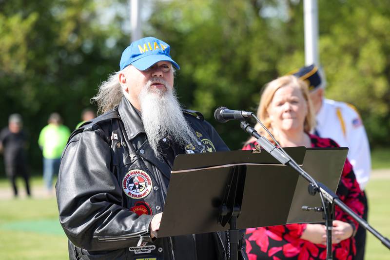 Bradley resident Roland Boguszewski, Illinois State Coordinator for the Missing in America Project, speaks during a ceremony dedicated to the late John Kirnbauer, a veteran whose ashes went unclaimed for five years, on Monday, May 26, 2025, at Kankakee Memorial Gardens.