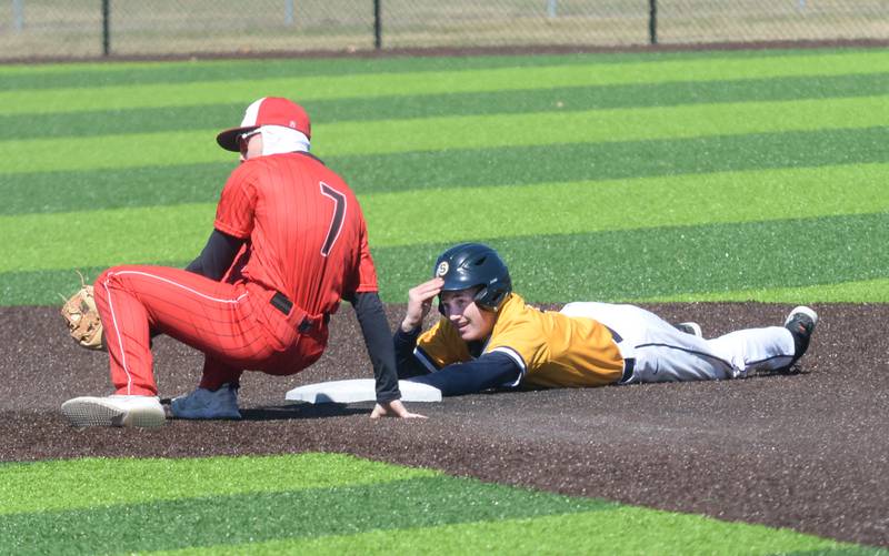 Sterling's Wyatt Cassens reacts after being tagged out at second by Erie-Prophetstown's Tristan Hovey  on Saturday, March 22, 2025 at Gartner Park in Sterling.