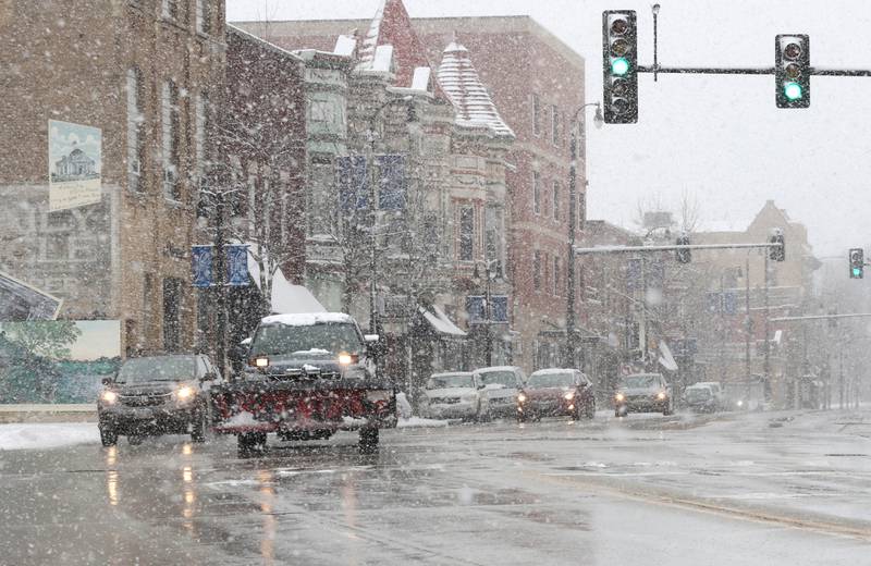 Despite the fact that it made for a messy morning commute the snow Monday, March 7, 2022, provided a picturesque setting for downtown DeKalb.