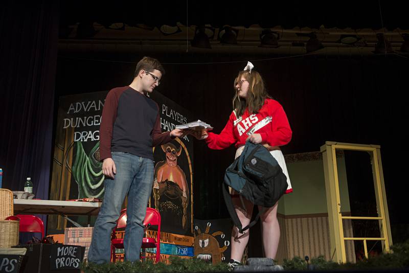 Chuck, played by Adam Neumann and Agnes, played by Rosie Knaggs, rehearse a scene for Morrison High School’s “She Kills Monsters” Wednesday, May 4, 2022. The show revolves around a high school student delving into a fantasy role playing game in order to better understand her sister.