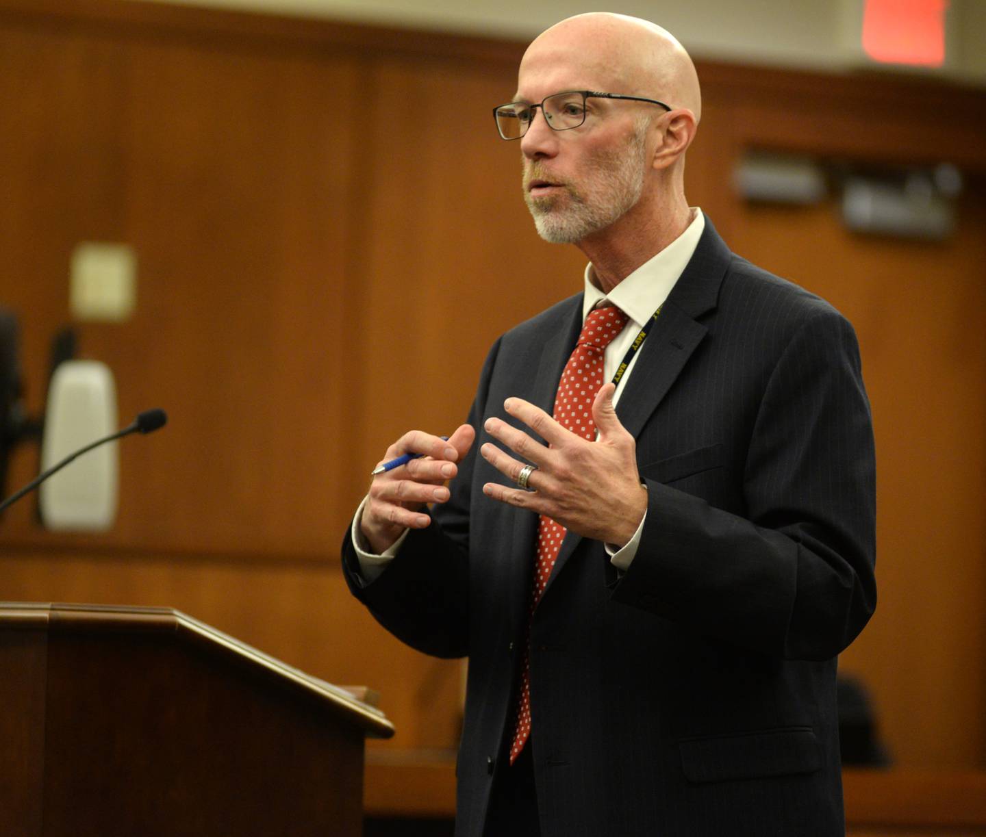 Ogle County State's Attorney Mike Rock speaks to potential jurors at the Matthew Plote trial at the Ogle County Judicial Center in Oregon on Monday, March 18, 2024.