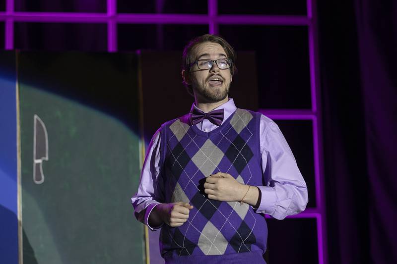 Joshua Hershberger plays Professor Plum, one of the suspected murderers in Polo Area Community Theatre’s rendition of Clue the Musical. The interactive musical will be performed May 1, 2, and 8 at 7pm and May 3 and 9 at 2pm at the PACT theater at 117 N. Franklin in Polo.