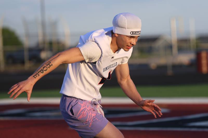 Romeoville’s Koby Armstrong runs a drill at the IHSA Southwest Suburb Showcase combine on Thursday, May 7, 2026 at Plainfield North High School.