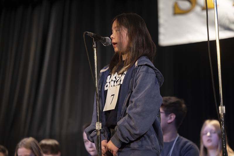 Ava Christianson of Lincoln Elementary School competes Thursday, Feb. 19, 2026, during the Lee-Ogle-Whiteside County Regional Spelling Bee. Christianson missed in round 6 on the word achromatic.