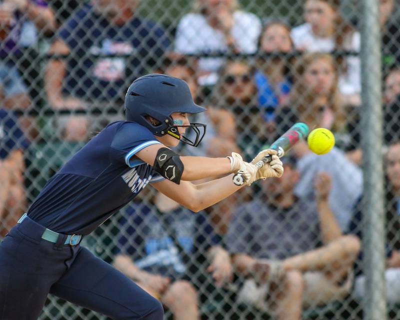 Downers Grove South's Ella Dvoracek (1) bunts during varsity softball game between Downers Grove South at Downers Grove North.  May 11, 2023.