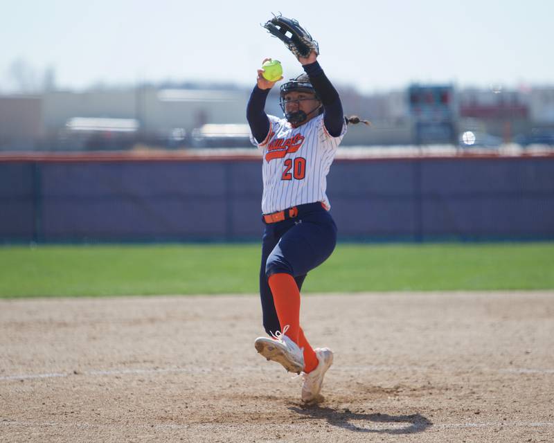 Oswego's Jaelynn Anthony delivers a pitch against Wheaton Warrenville South on Saturday, April 6, 2024 in Oswego.