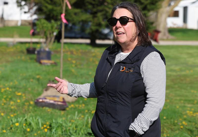 Mary Hess, supervisor at the DeKalb Township, speaks Tuesday, April 21, 2026, before the tree planting at Elder Care Services in DeKalb. Several trees were planted by volunteers at the location as part of the townships 250 Trees for Tomorrow initiative.