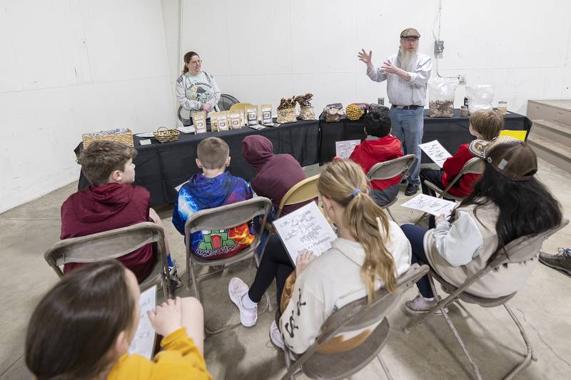 William Thomas of Amboy, talks about his mushroom growing operation Friday, April 25, 2025, during Ag Expo. The event is an annual event bringing in hundreds of Lee County fifth graders to learn about many aspects of agriculture.
