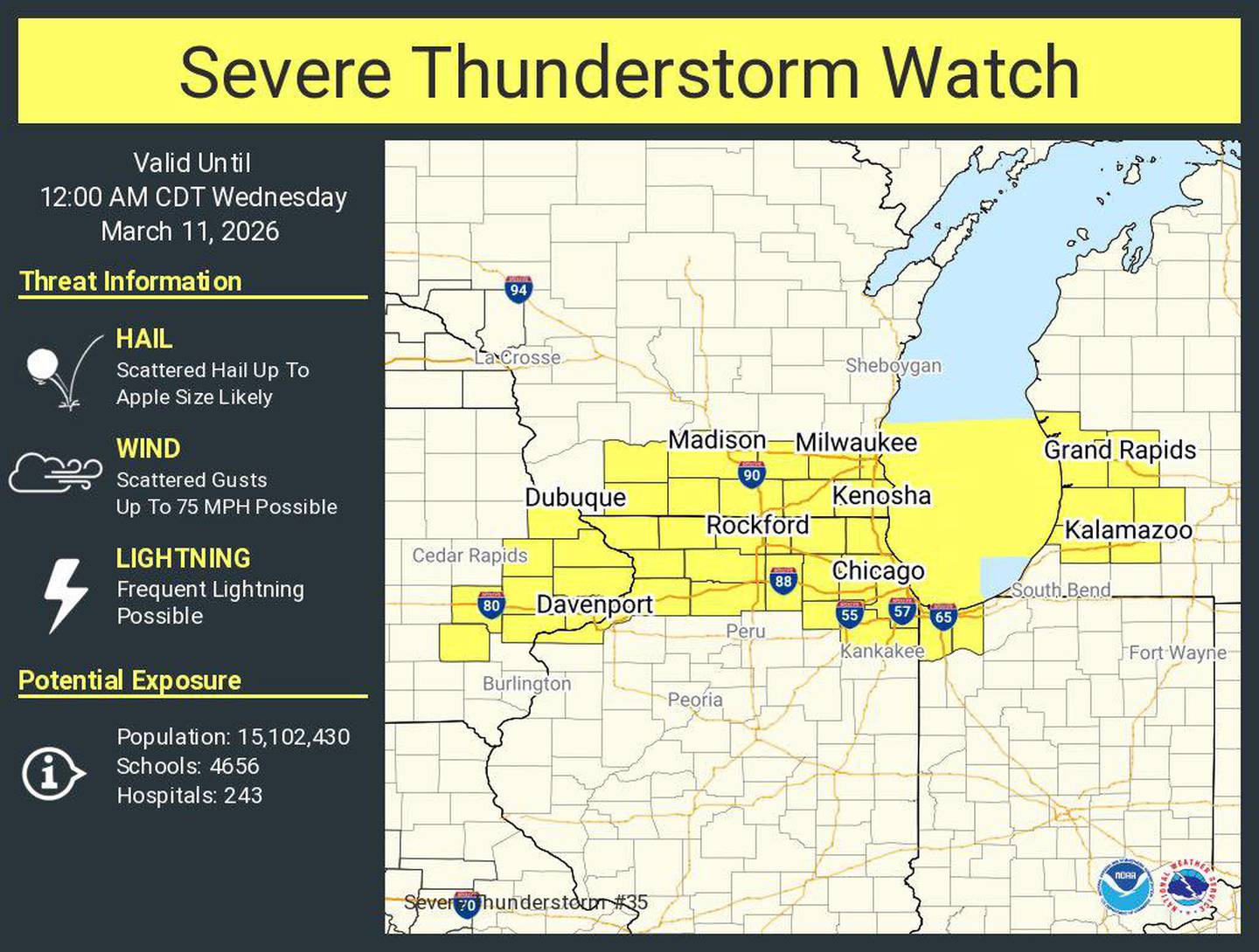 The National Weather Service issued a severe thunderstorm warning for much of northern Illinois on Tuesday evening, March 10.