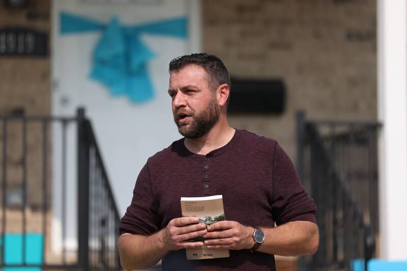 Army veteran Joe Murdie shares a few words of gratitude at the Will County Habitat for Humanity official presentation of Murdie’s new home on Saturday, June 17, 2023 in Crest Hill.
