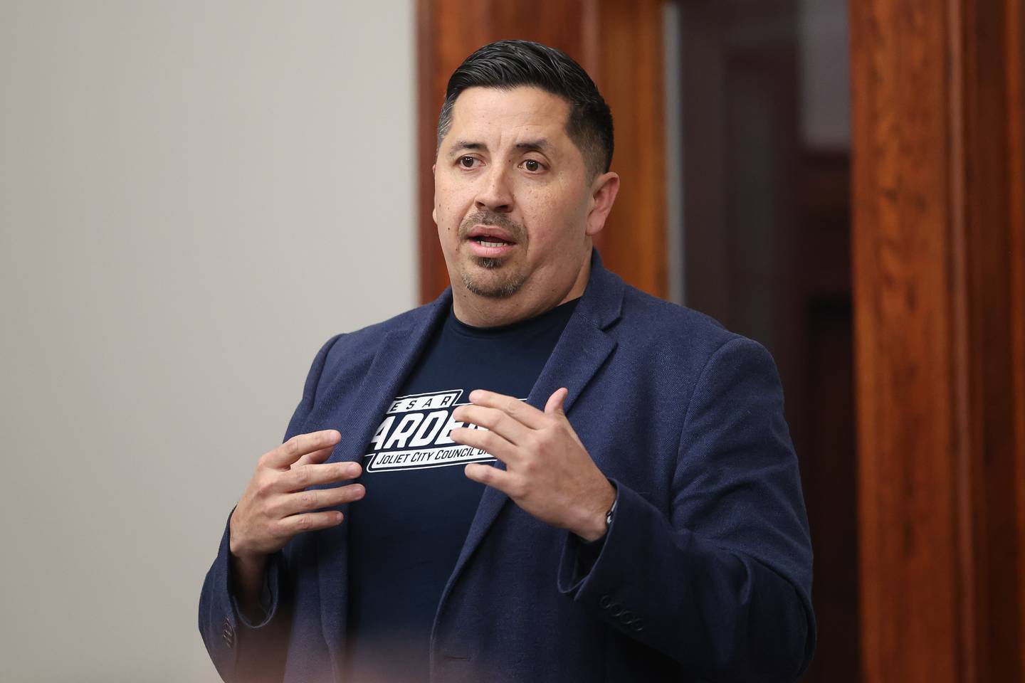 Candidate for Joliet City Council District 4 Cesar Cardenas speaks at a forum for the candidates at the Joliet Public Library on Thursday, March 9th, 2023 in Joliet.